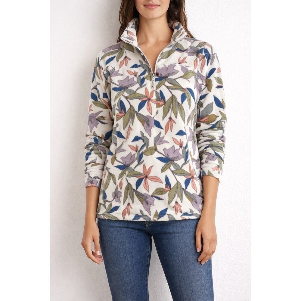 Eddie Bauer Women's Floral Fleece Pullover Small 1/4 Zip Jacket Cream Multicolor - Picture 2 of 7